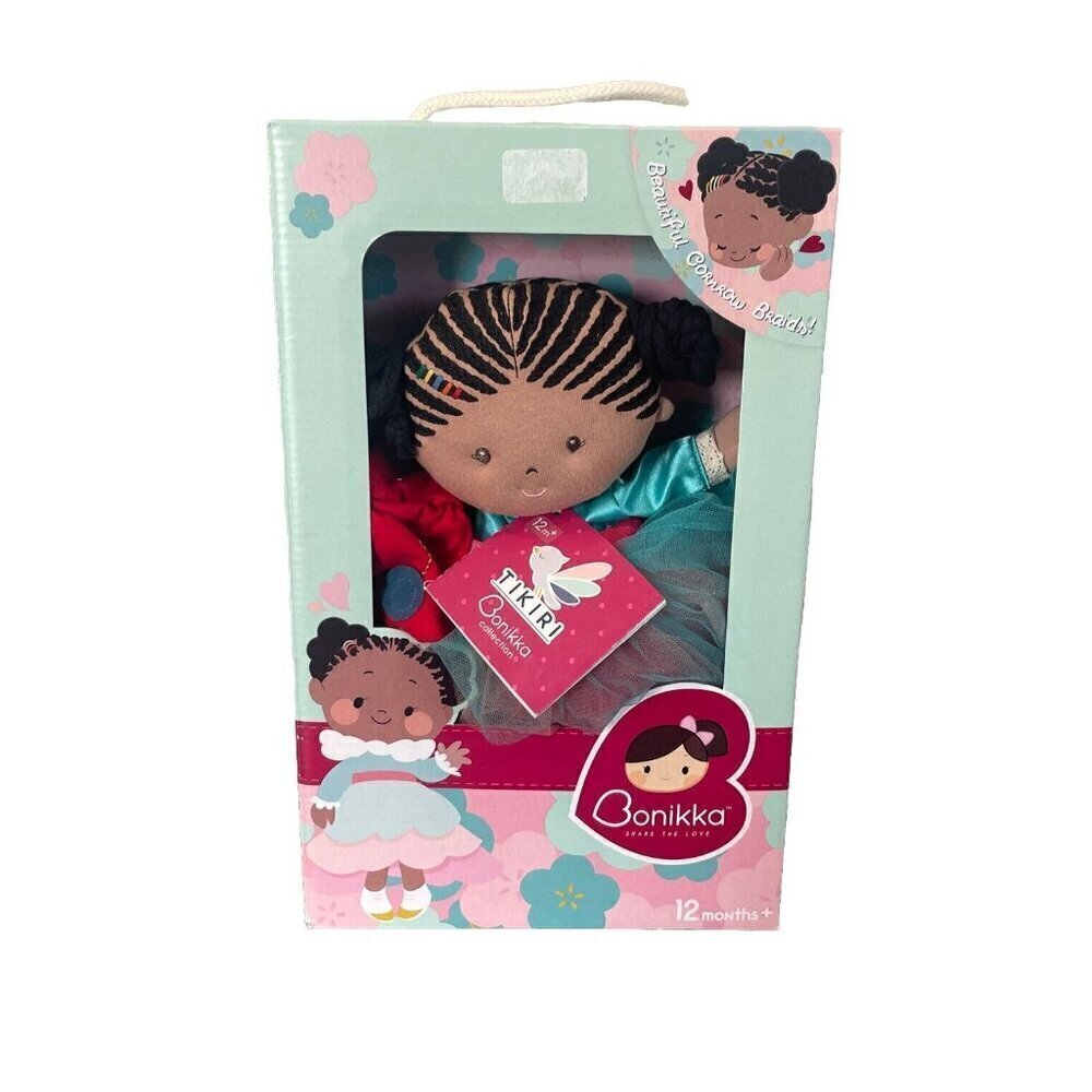 Tikiri Toys Kessie Fabric Baby Doll Dark Skin & Hair Braids 2 Dresses NWT